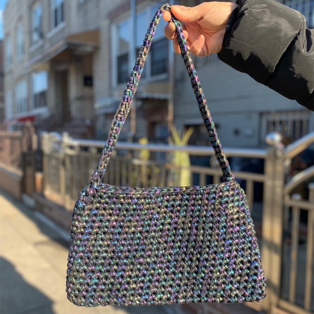 Crochet Iridescent Metallic Purple Green Gold Jewel Tone Purse Bag Oil Slick